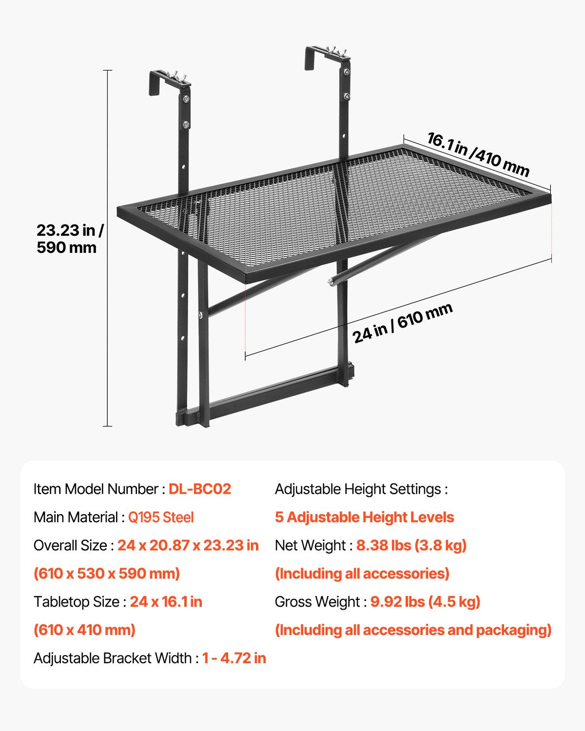 Folding and Adjustable Balcony Hanging Table 61 x 41 cm Railing Bar Stand