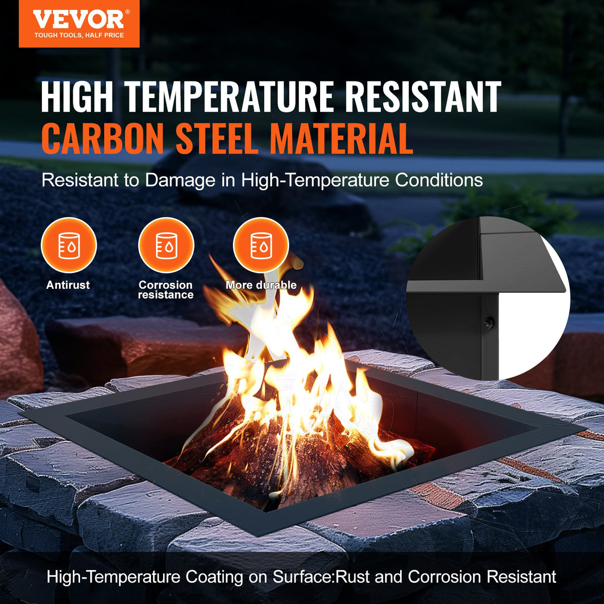 36x36 in Square Fire Pit Ring, 30x30 in Inner, 10" Height, Heavy Duty Steel