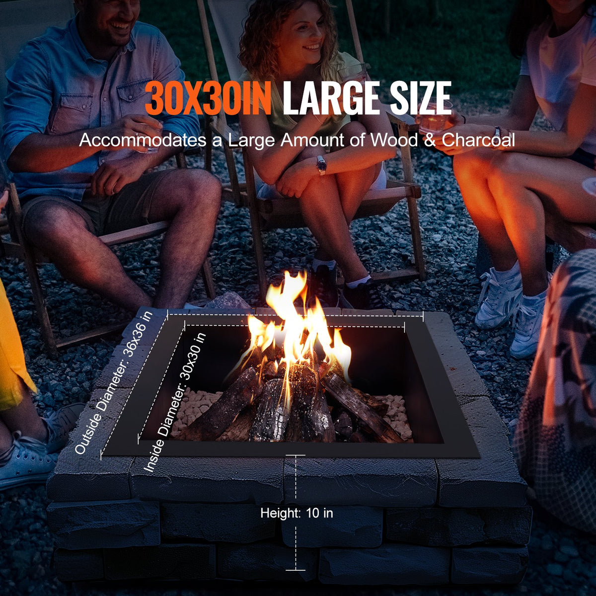36x36 in Square Fire Pit Ring, 30x30 in Inner, 10" Height, Heavy Duty Steel