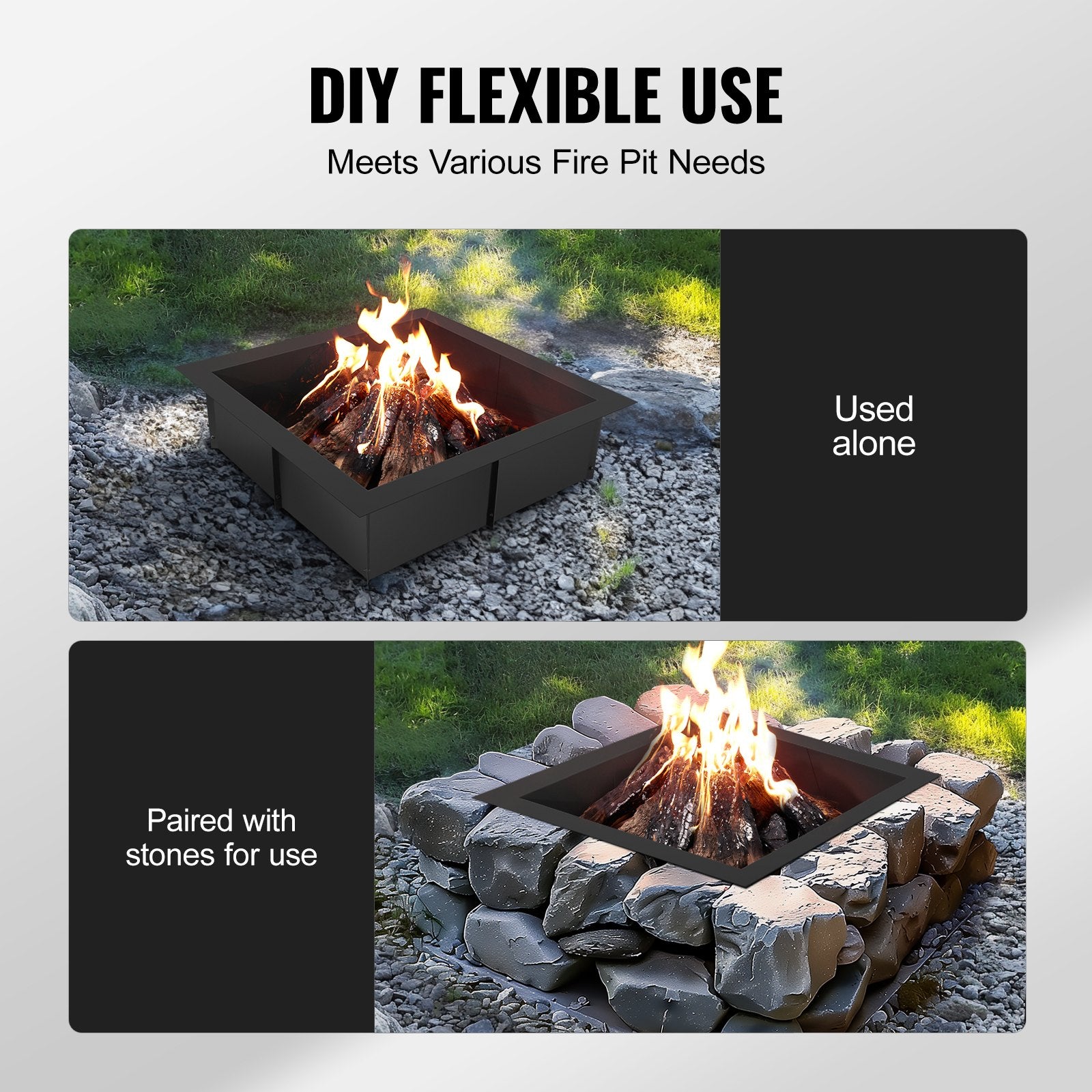 36x36 in Square Fire Pit Ring, 30x30 in Inner, 10" Height, Heavy Duty Steel