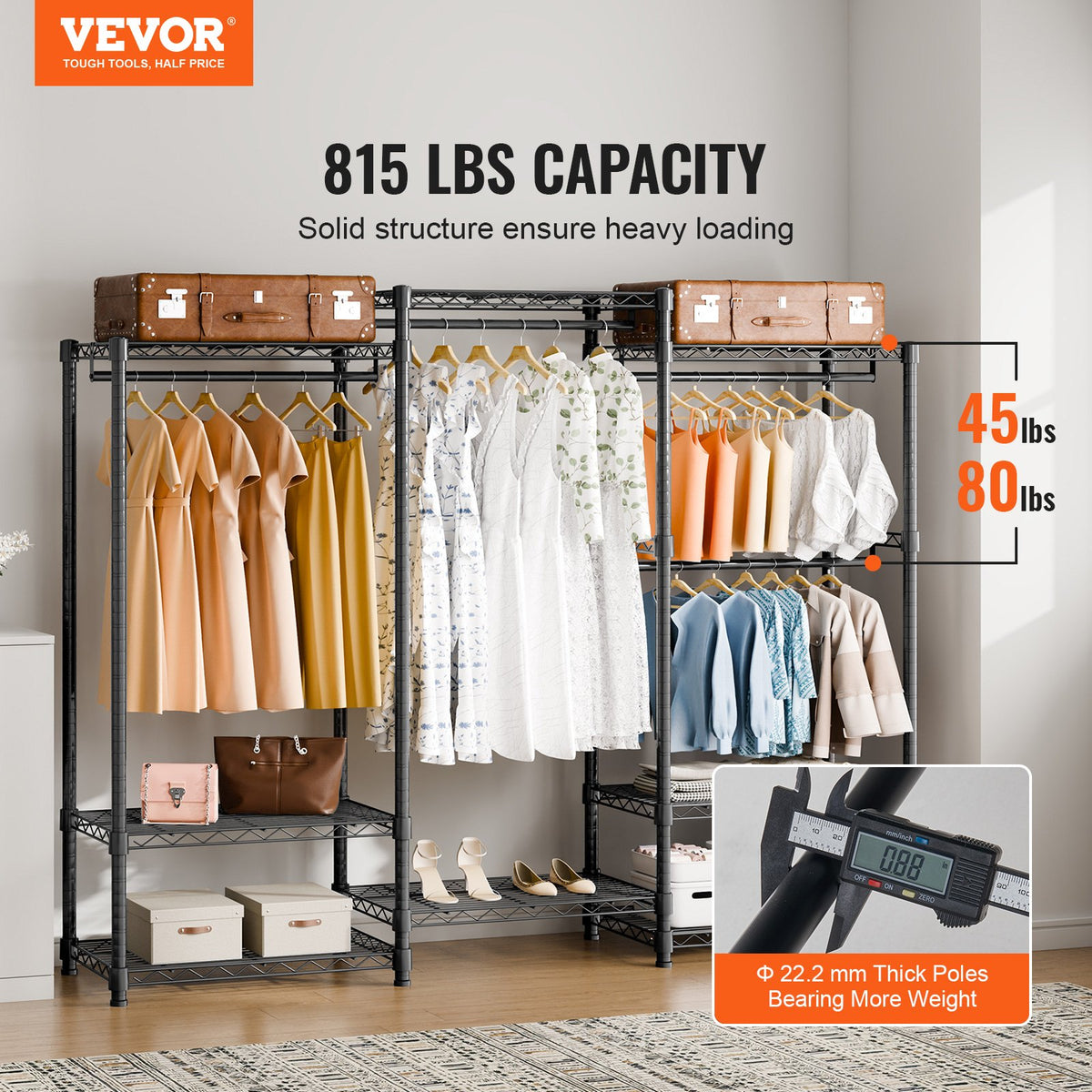 Heavy Duty Clothes Rack Rolling Wardrobe with Shelves 800 lbs