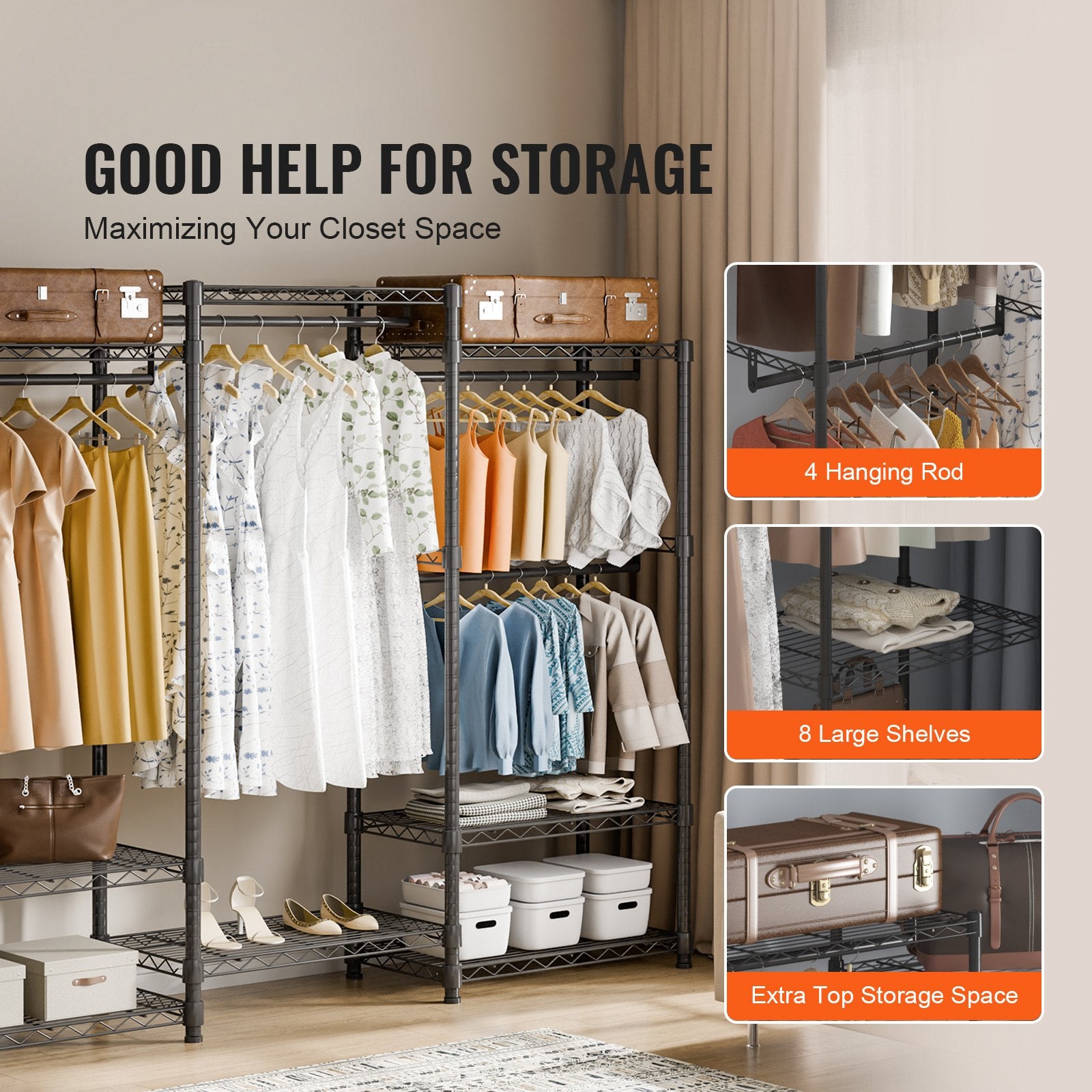 Heavy Duty Clothes Rack Rolling Wardrobe with Shelves 800 lbs