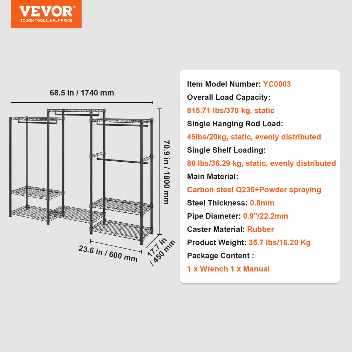 Heavy Duty Clothes Rack Rolling Wardrobe with Shelves 800 lbs