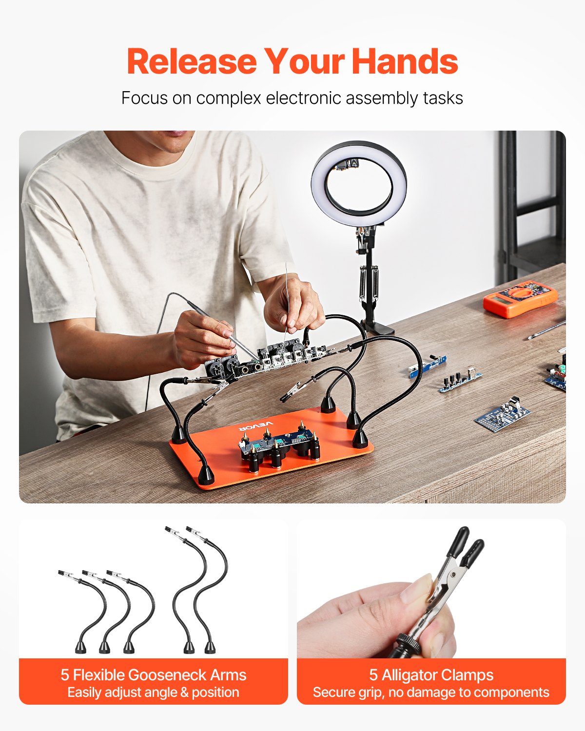Magnetic Helping Hands Soldering Station 2-in-1 3X LED 5 Arms 6 PCB Holders