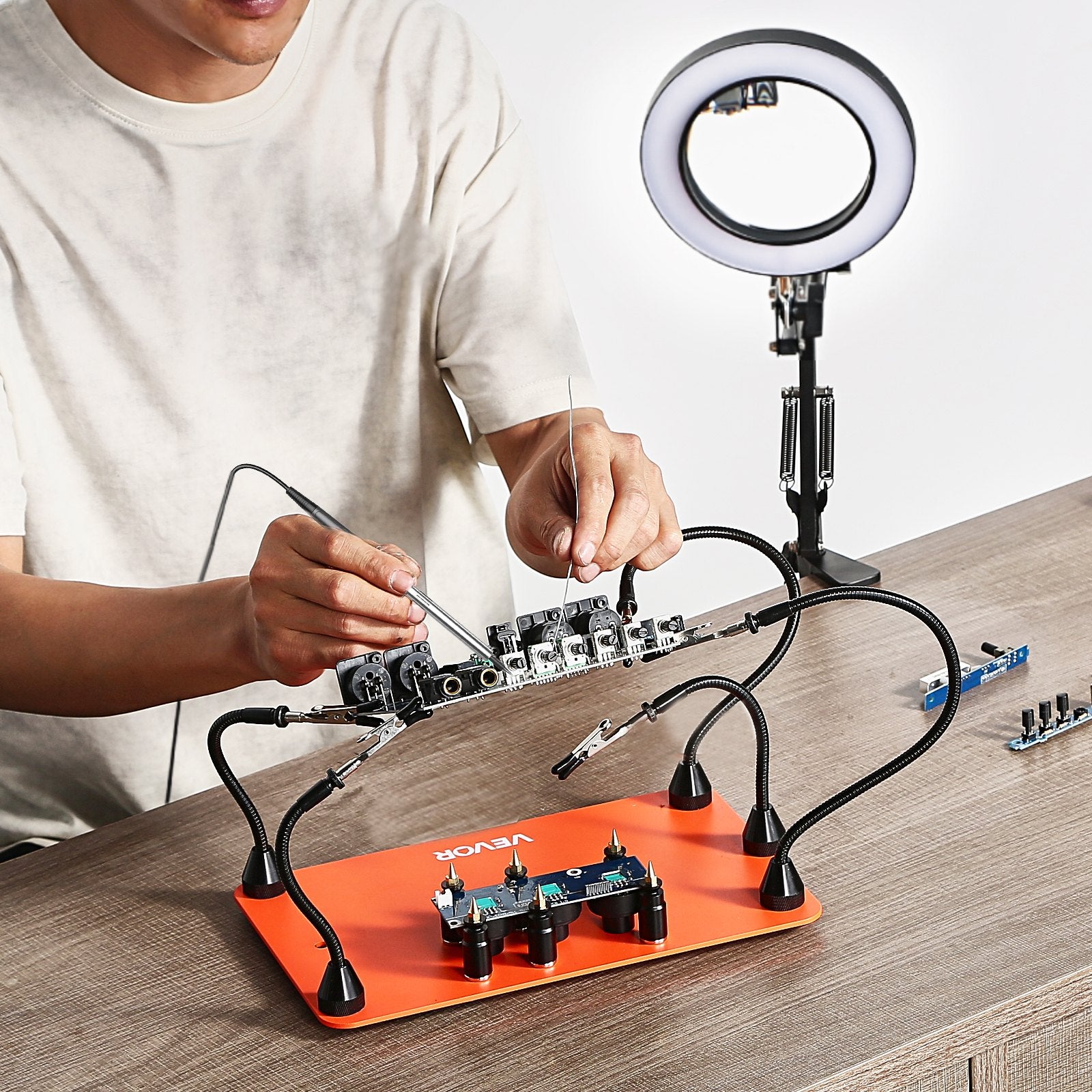 Magnetic Helping Hands Soldering Station 2-in-1 3X LED 5 Arms 6 PCB Holders