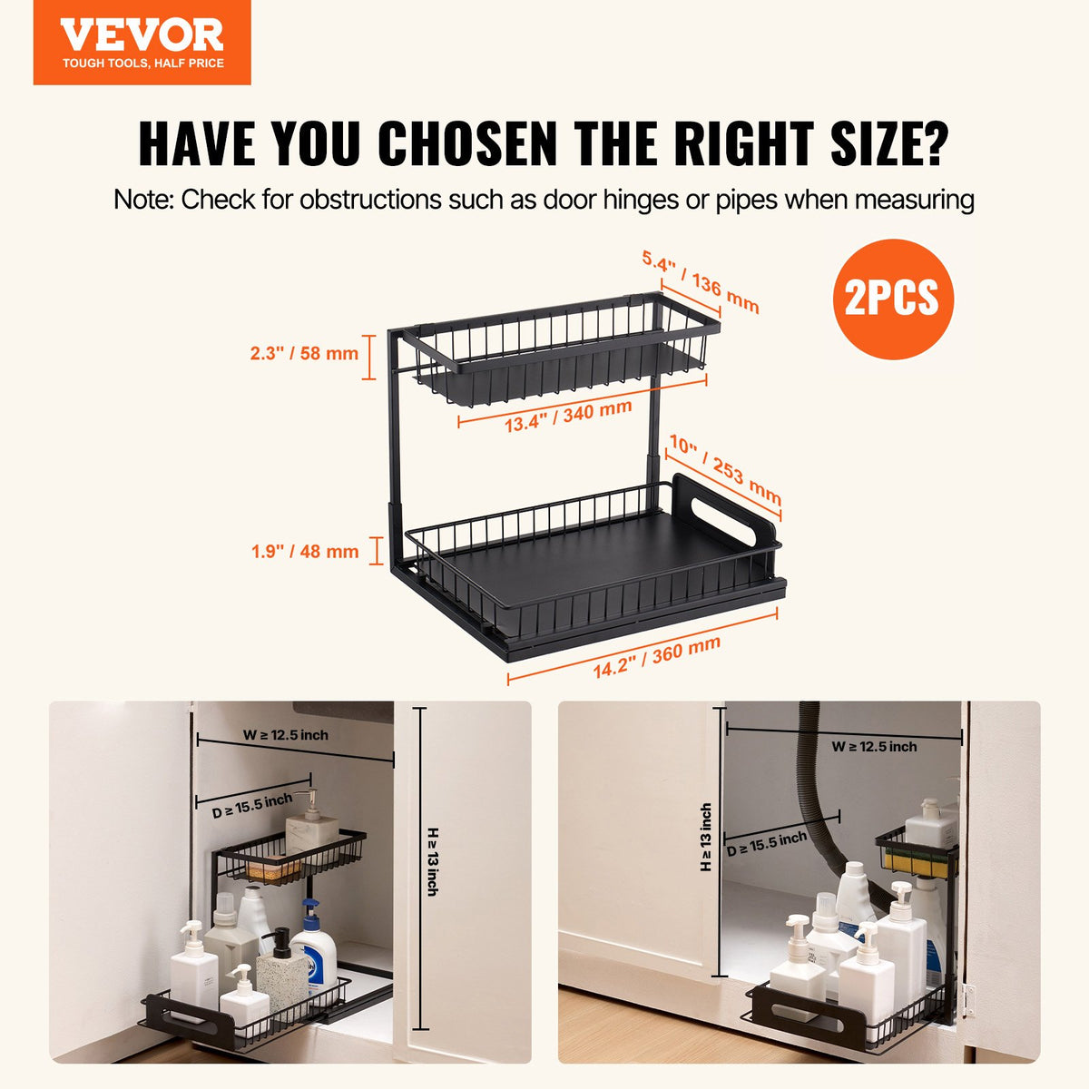 2 Tier Pull Out Cabinet Organizer Under Sink Slide Out Drawer Wire Basket Shelf