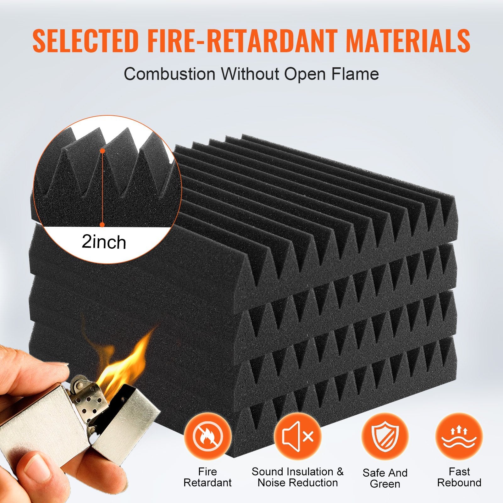 AcousticFoamPanels 50 Pack 12x12x2in High Density Soundproof FireResistant Black