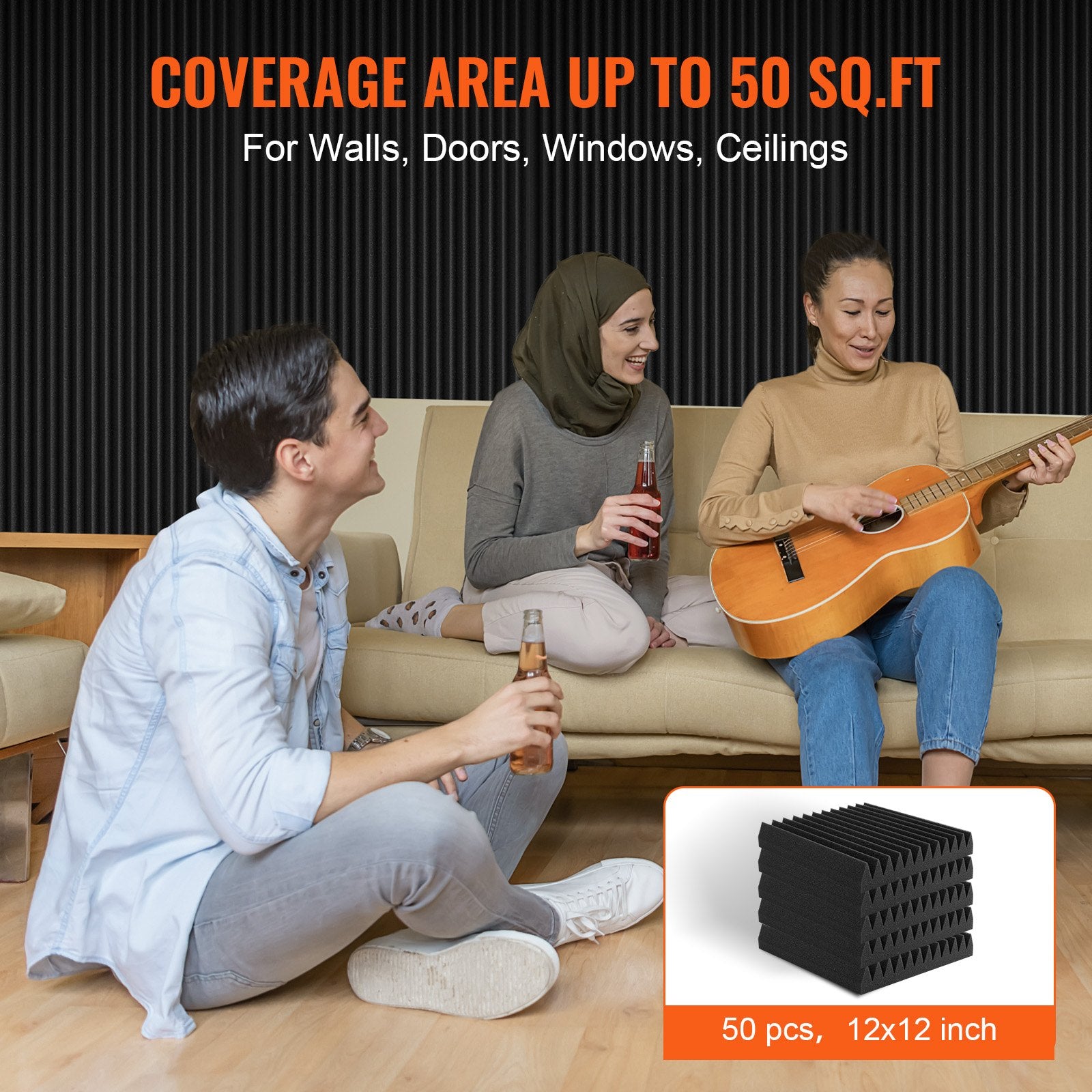 AcousticFoamPanels 50 Pack 12x12x2in High Density Soundproof FireResistant Black
