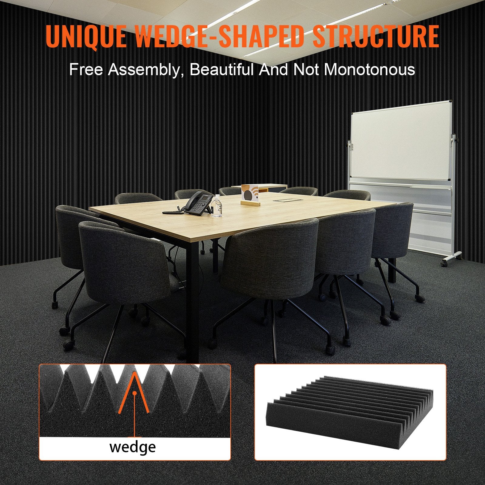 AcousticFoamPanels 50 Pack 12x12x2in High Density Soundproof FireResistant Black