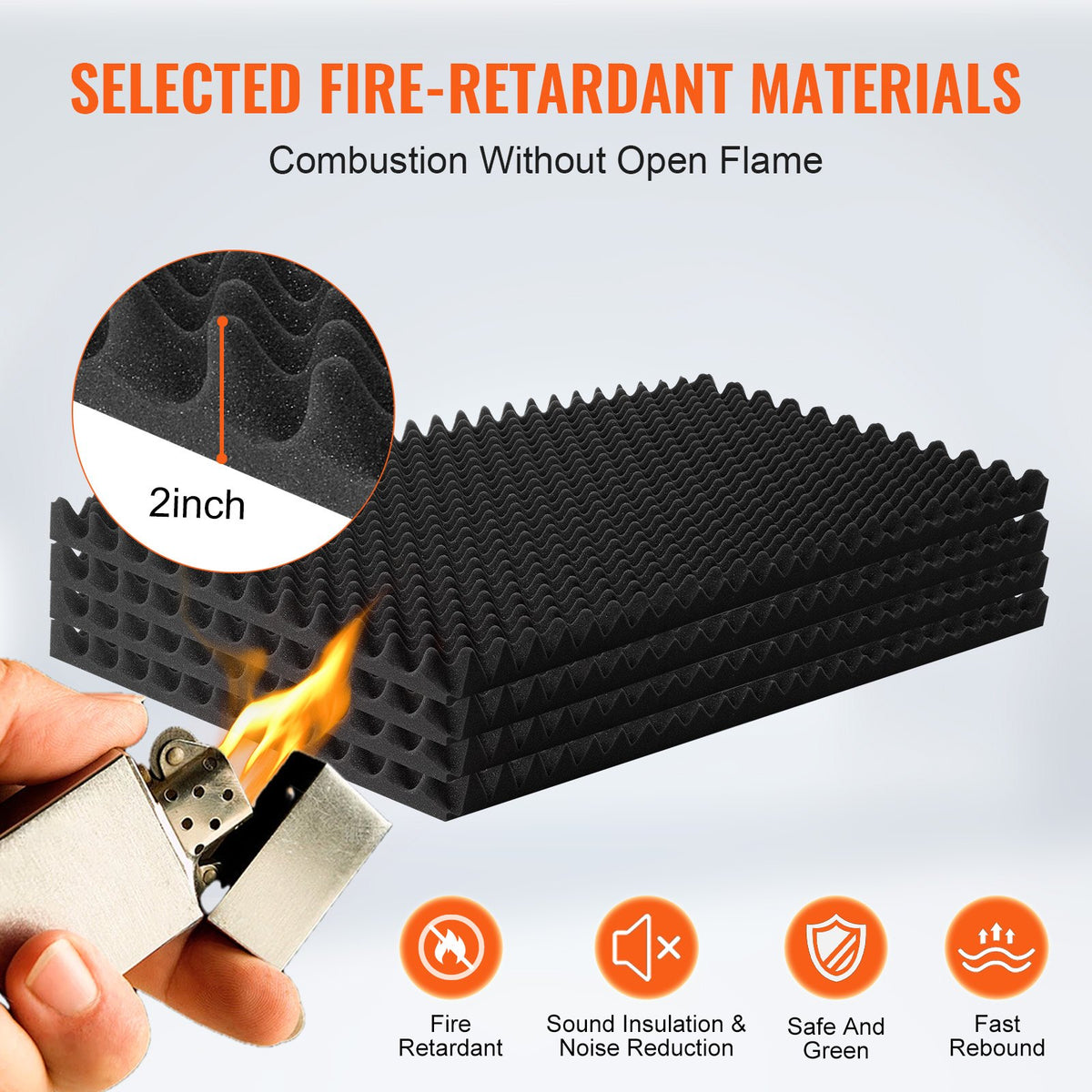 2 Pack 48x24x2 in Egg Acoustic Foam Panels, Soundproof, Fire-Resistant, Black