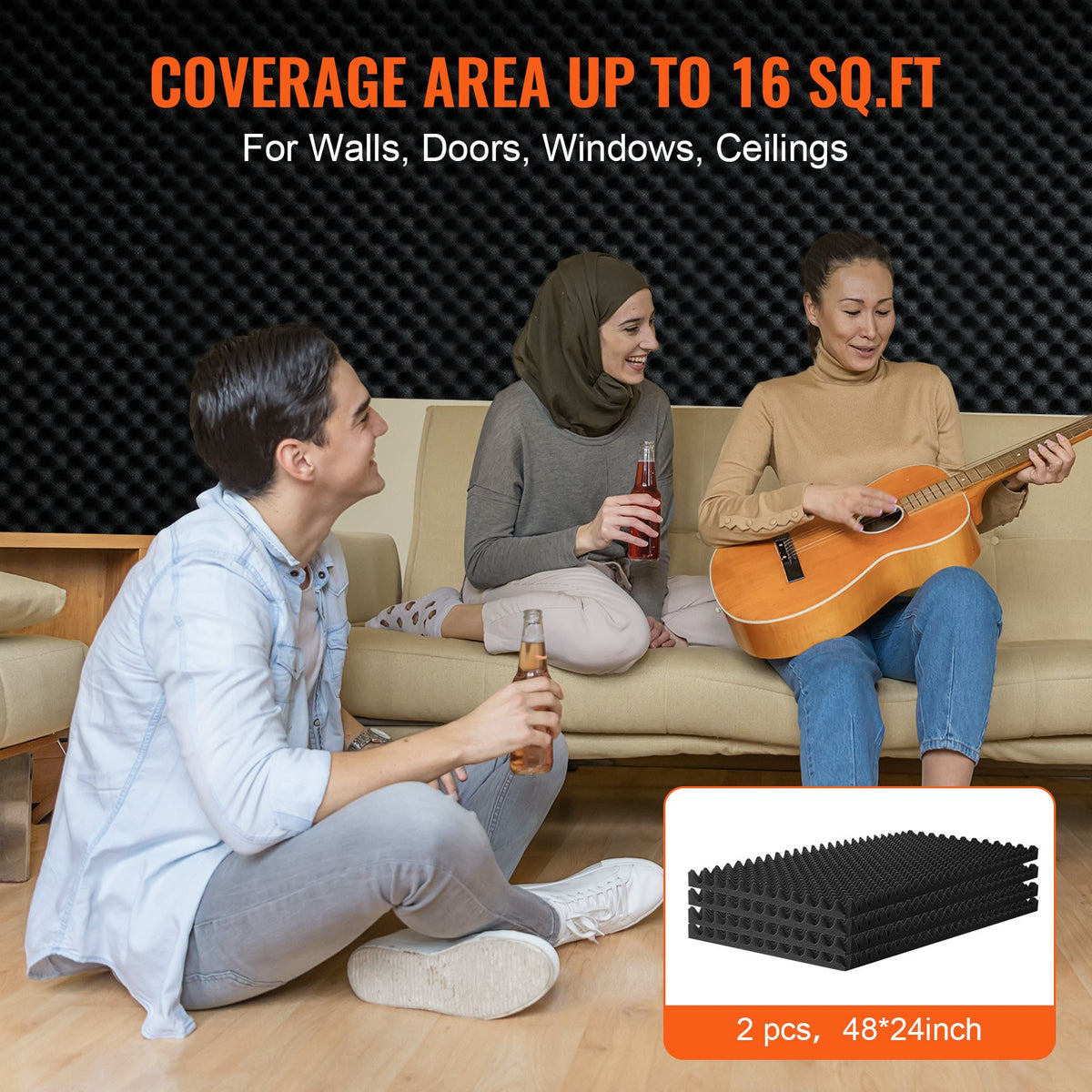 2 Pack 48x24x2 in Egg Acoustic Foam Panels, Soundproof, Fire-Resistant, Black
