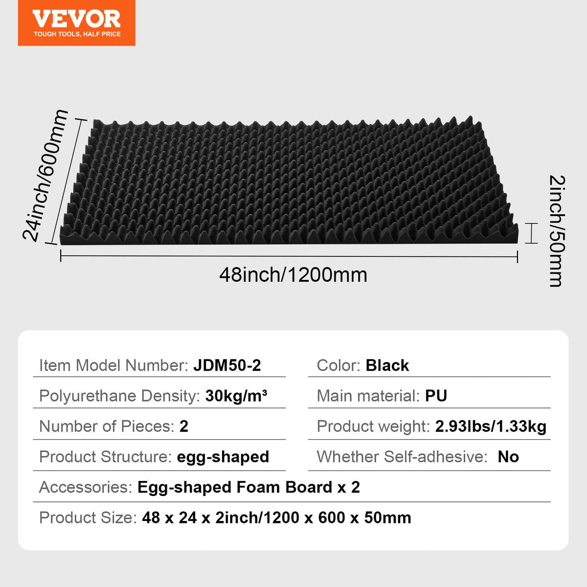 2 Pack 48x24x2 in Egg Acoustic Foam Panels, Soundproof, Fire-Resistant, Black