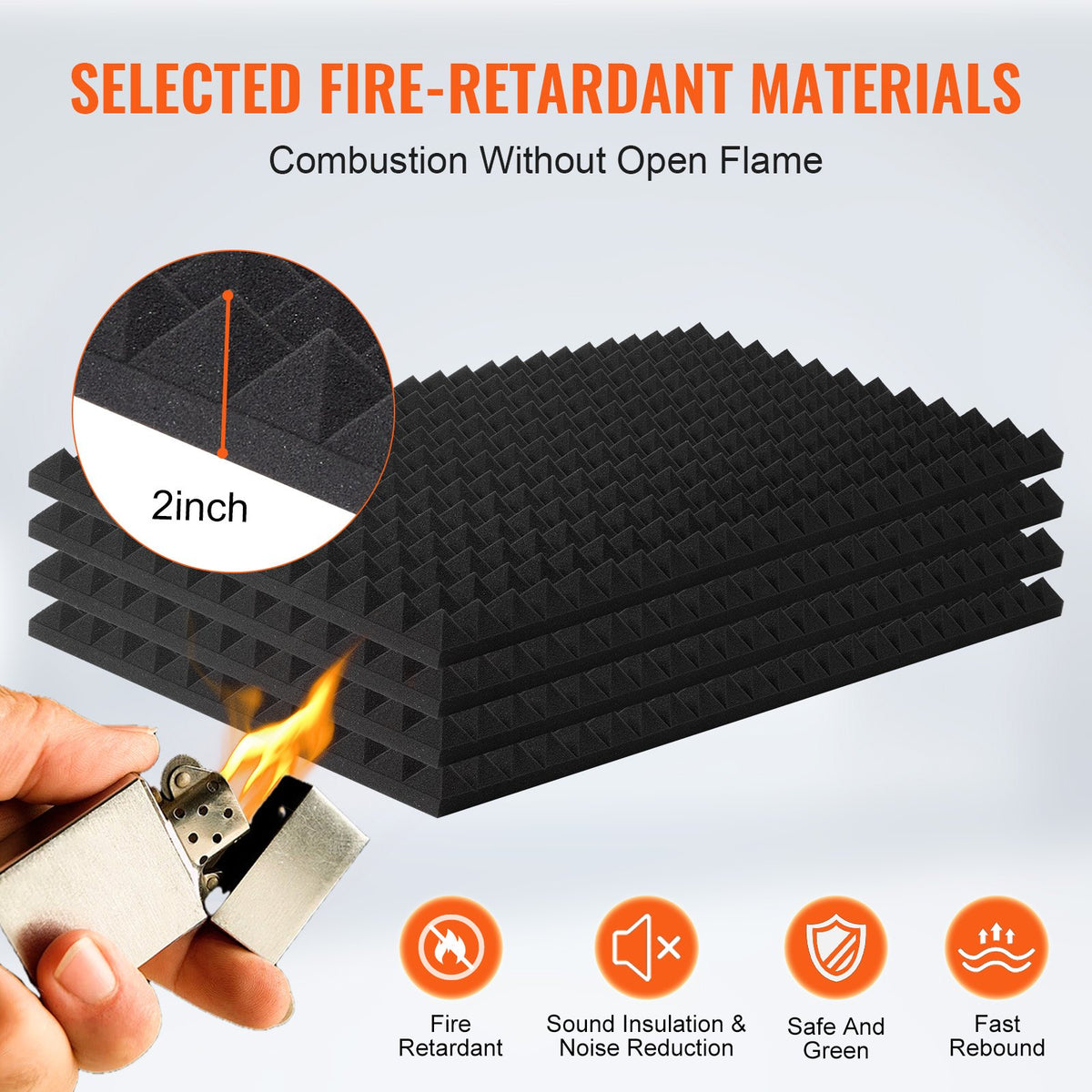 Acoustic Foam Panels 4 Pack 48x24x2 in Pyramid Soundproof Black, Fire-Resistant