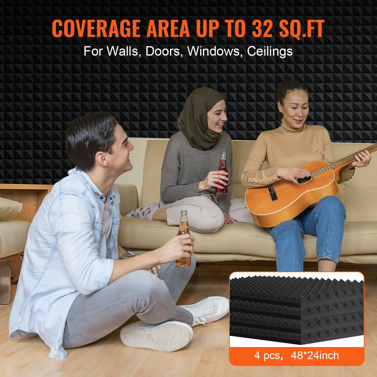 Acoustic Foam Panels 4 Pack 48x24x2 in Pyramid Soundproof Black, Fire-Resistant