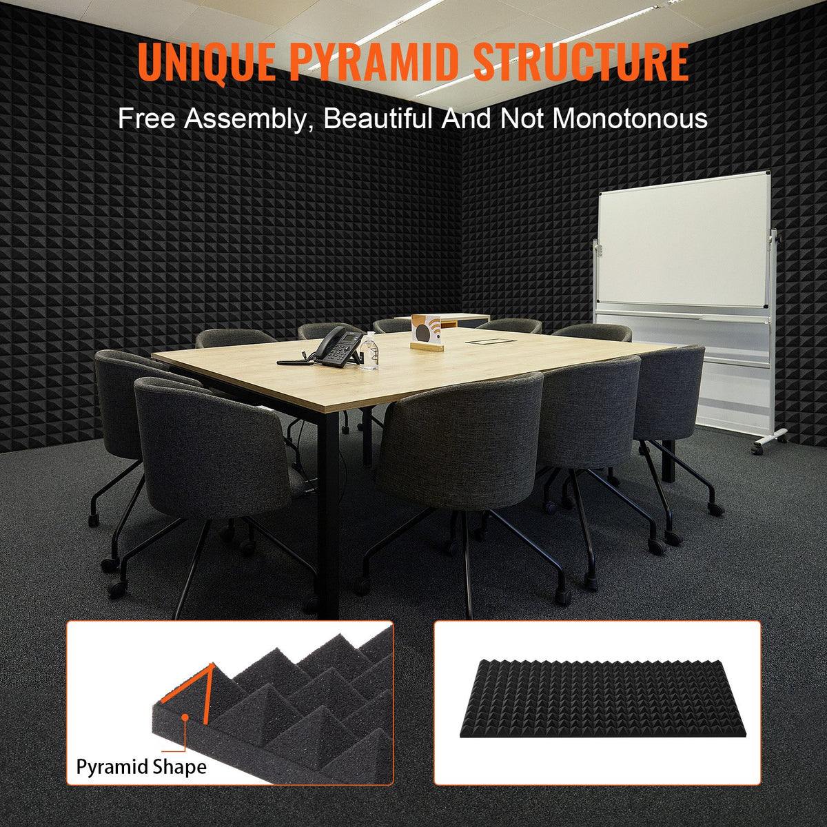Acoustic Foam Panels 4 Pack 48x24x2 in Pyramid Soundproof Black, Fire-Resistant