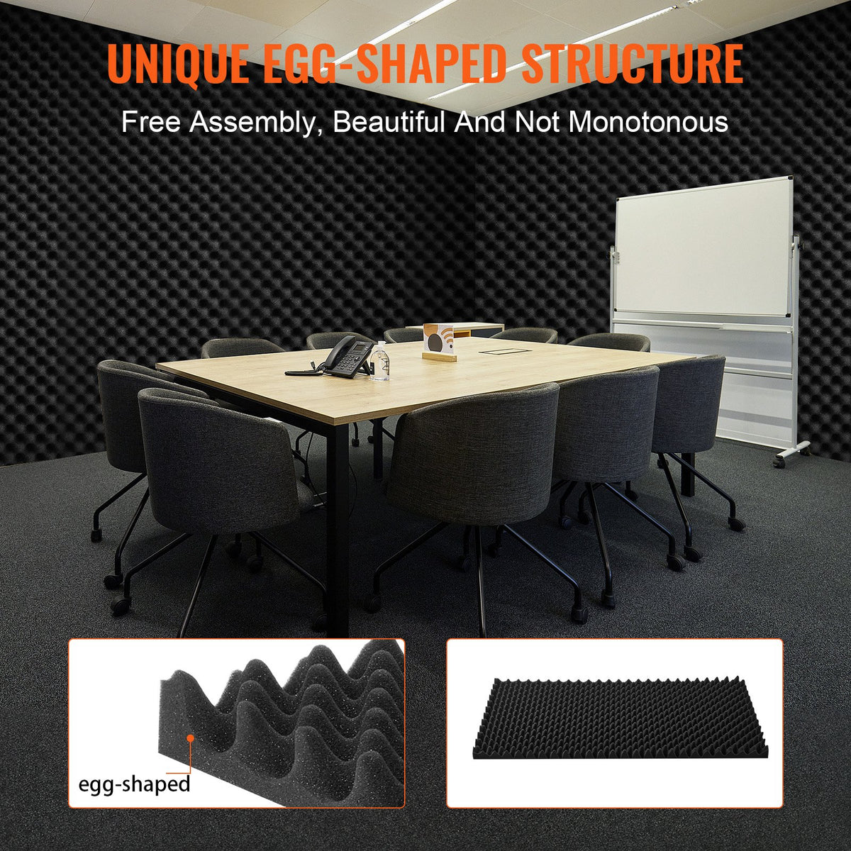 4 Pack 48x24x2 in Egg Acoustic Foam Panels, Soundproof, Fire-Resistant, Black