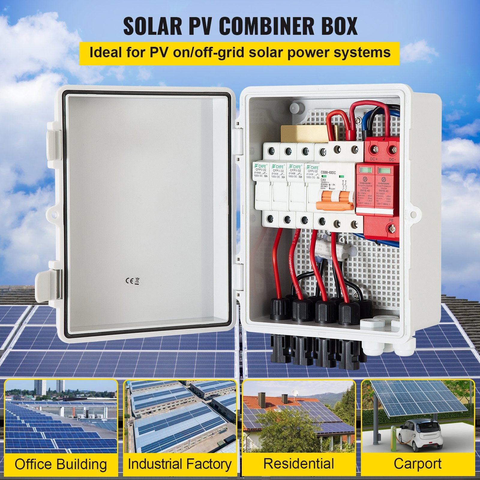 PV Combiner Box 4-String with 15A Fuse, 63A Breaker, Lightning Arrester, IP65