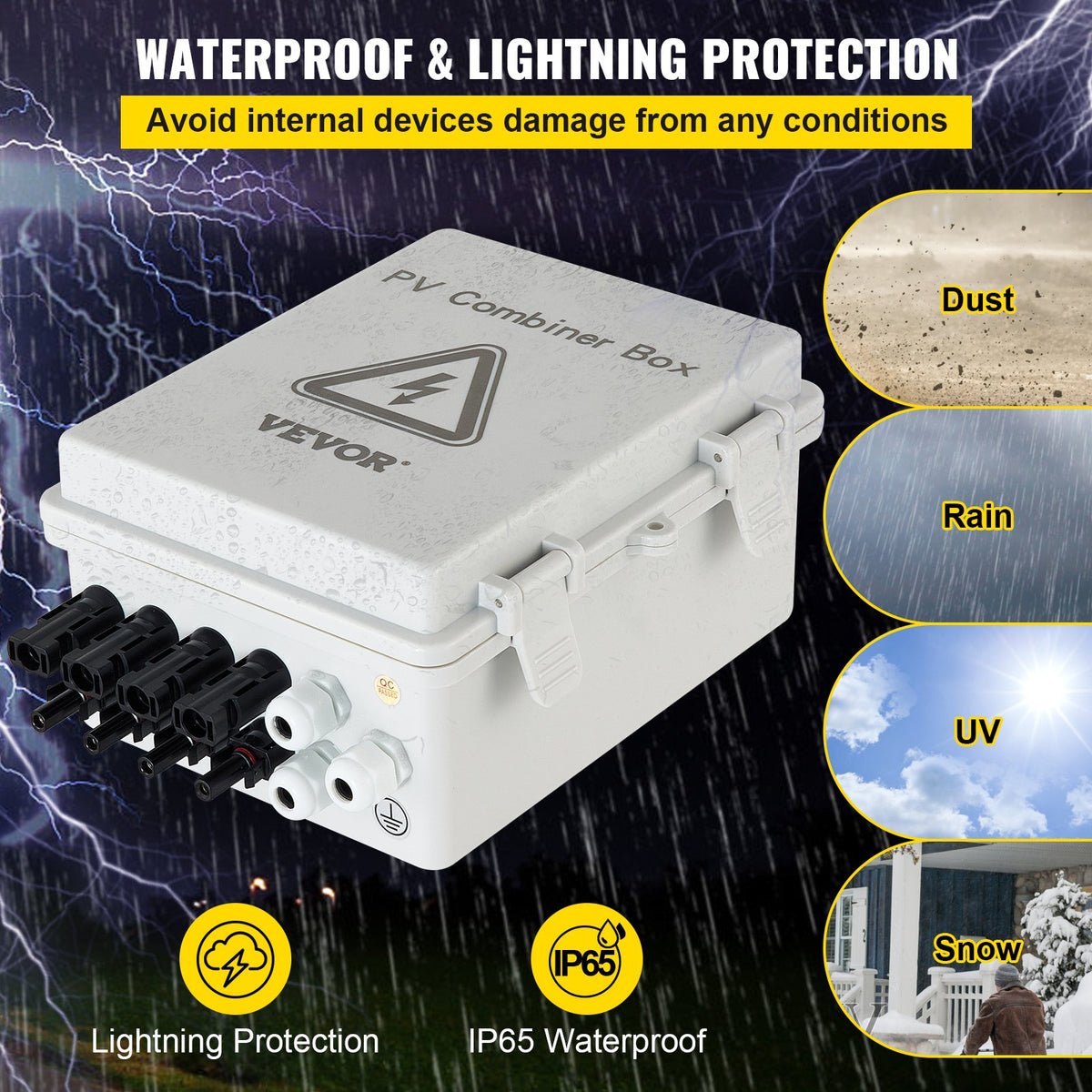 PV Combiner Box 4-String with 15A Fuse, 63A Breaker, Lightning Arrester, IP65