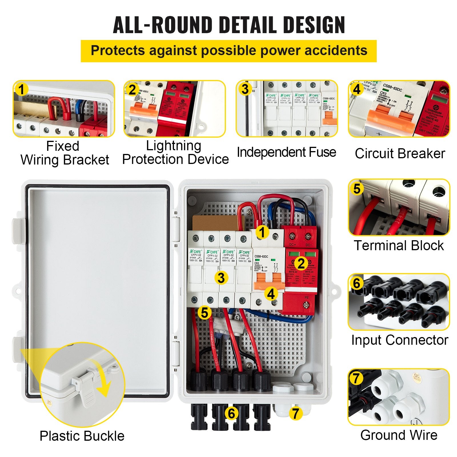 PV Combiner Box 4-String with 15A Fuse, 63A Breaker, Lightning Arrester, IP65