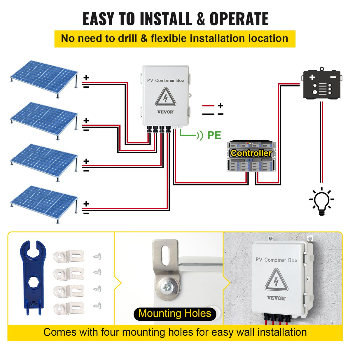 PV Combiner Box 4-String with 15A Fuse, 63A Breaker, Lightning Arrester, IP65
