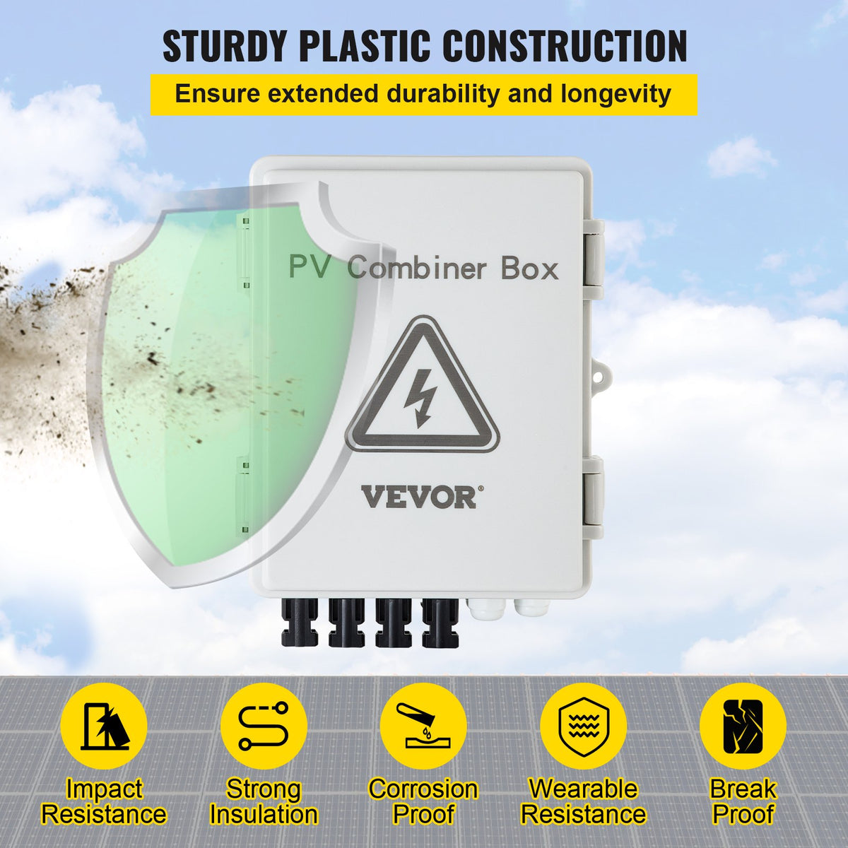 PV Combiner Box 4-String with 15A Fuse, 63A Breaker, Lightning Arrester, IP65
