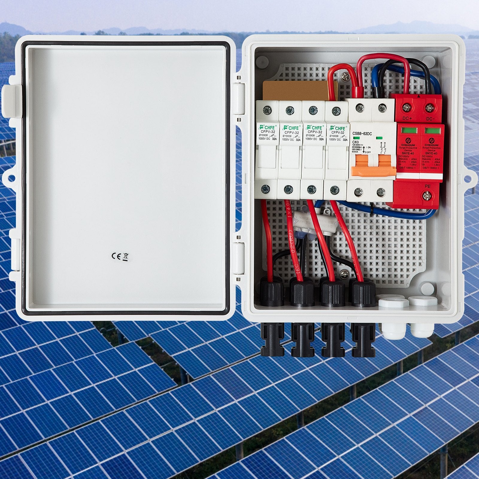 PV Combiner Box 4-String with 15A Fuse, 63A Breaker, Lightning Arrester, IP65