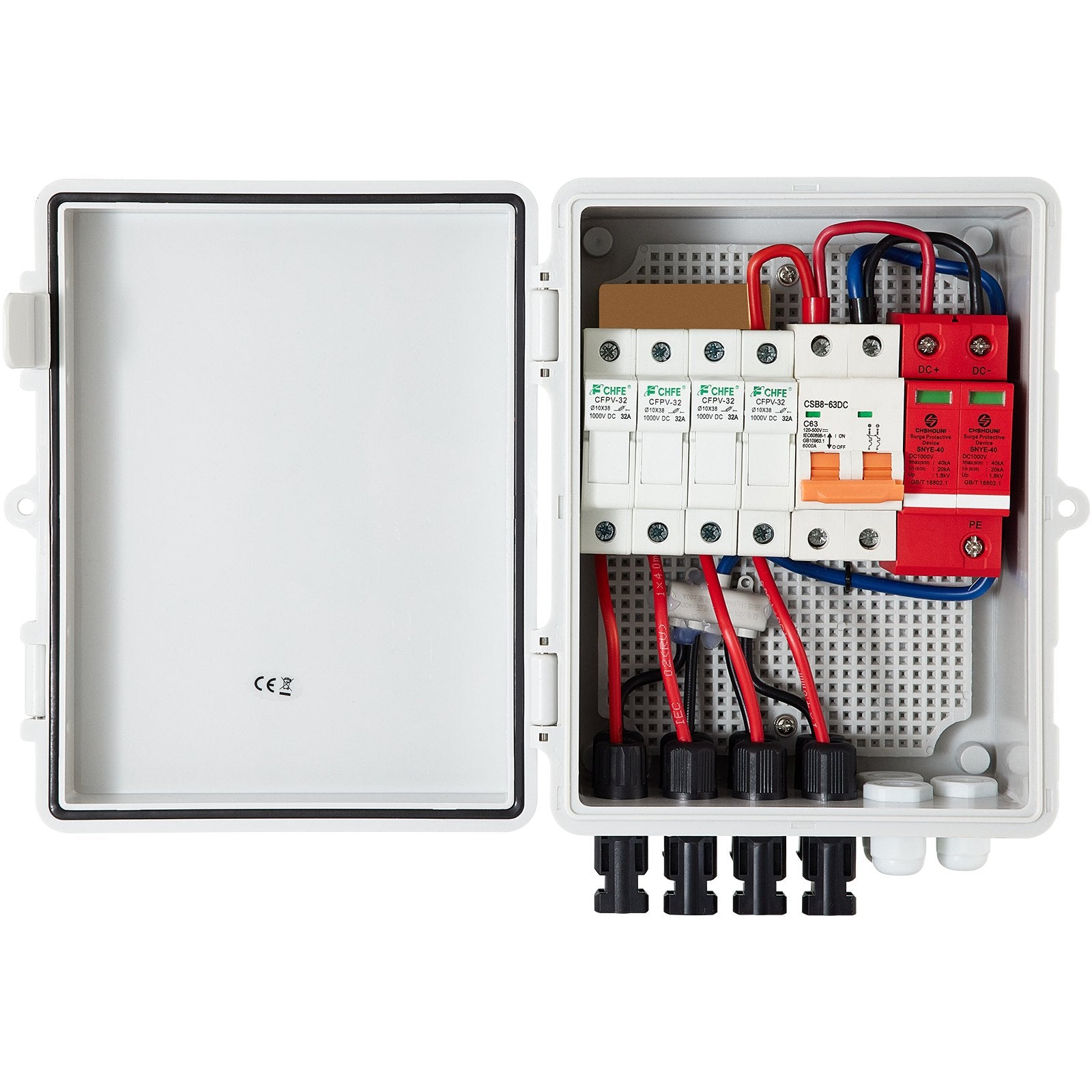 PV Combiner Box 4-String with 15A Fuse, 63A Breaker, Lightning Arrester, IP65