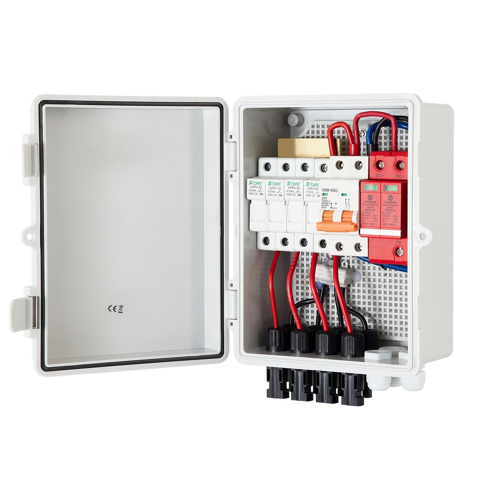 PV Combiner Box 4-String with 15A Fuse, 63A Breaker, Lightning Arrester, IP65