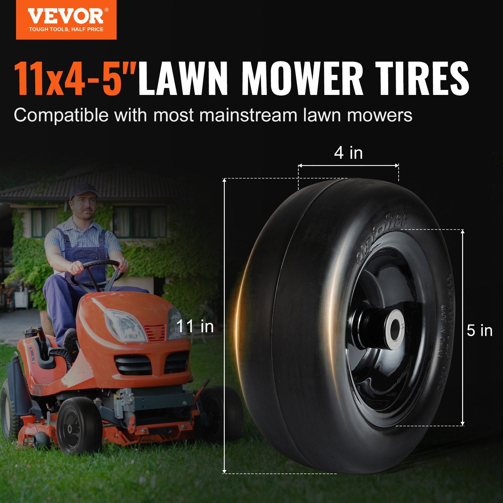 Lawn Mower Tires with Rim 11x4-5 Tubeless Flat-Free PU Tire 2-Pack