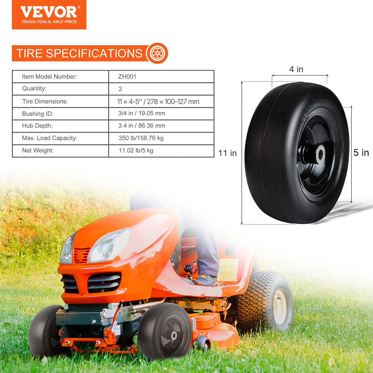 Lawn Mower Tires with Rim 11x4-5 Tubeless Flat-Free PU Tire 2-Pack