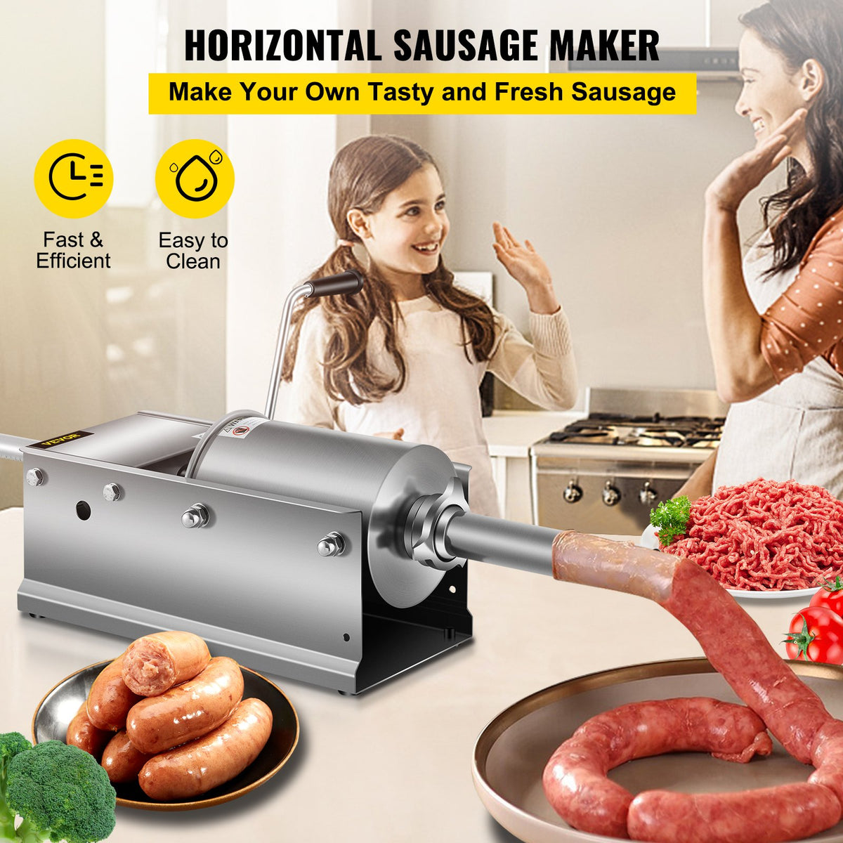 Manual Sausage Stuffer 3L/7lbs, Horizontal Dual-Speed Meat Stuffer with 5 Tubes