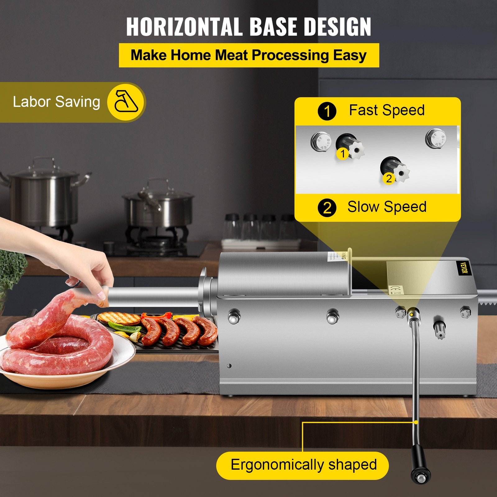Manual Sausage Stuffer 3L/7lbs, Horizontal Dual-Speed Meat Stuffer with 5 Tubes