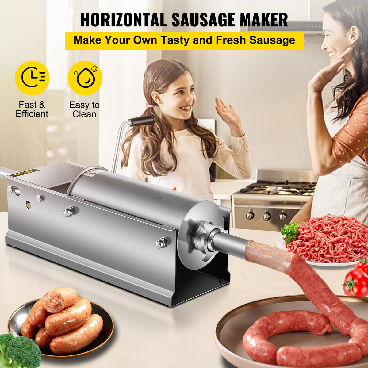 Manual Sausage Stuffer 5L/11lbs, Horizontal Dual-Speed Meat Stuffer with 5 Tubes