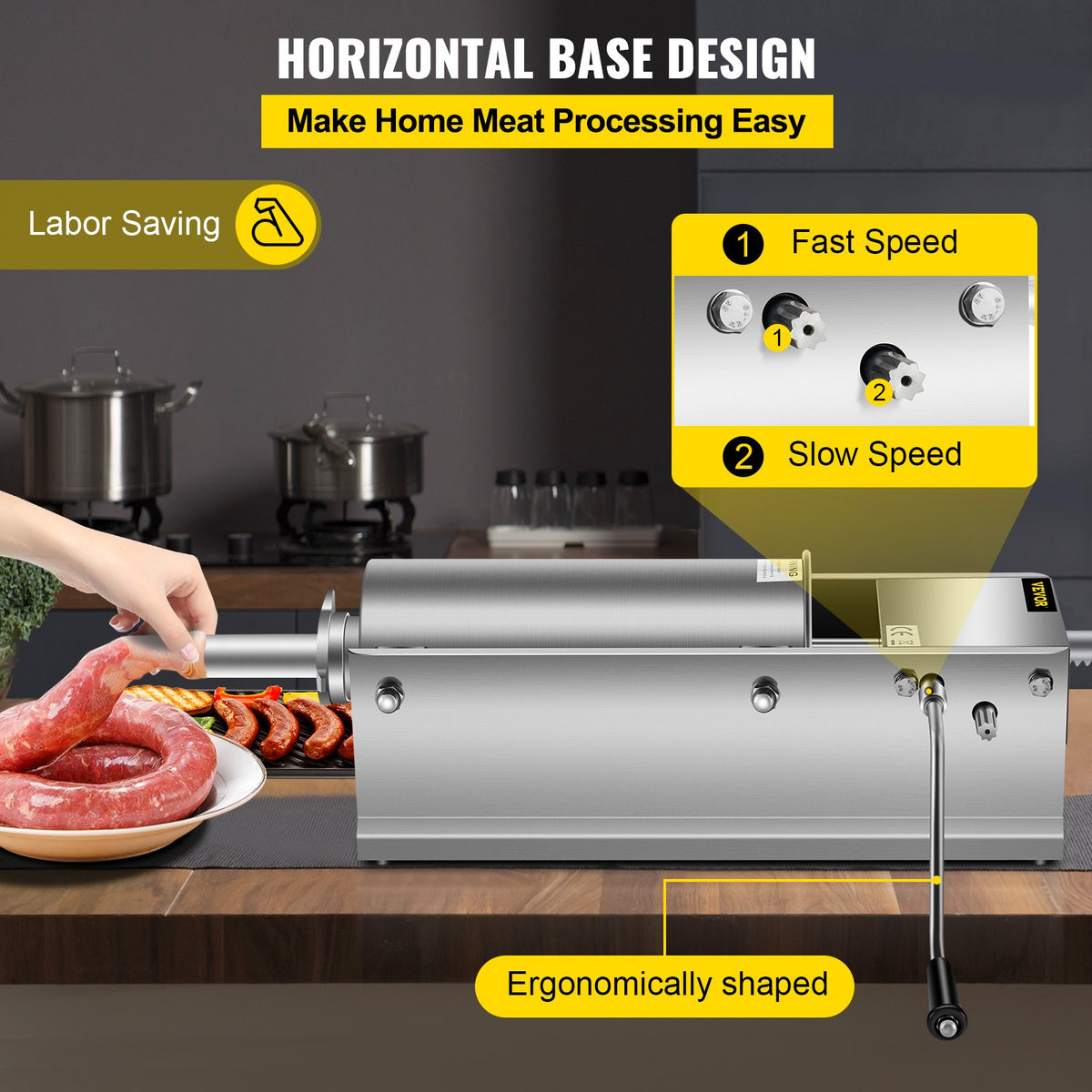 Manual Sausage Stuffer 5L/11lbs, Horizontal Dual-Speed Meat Stuffer with 5 Tubes