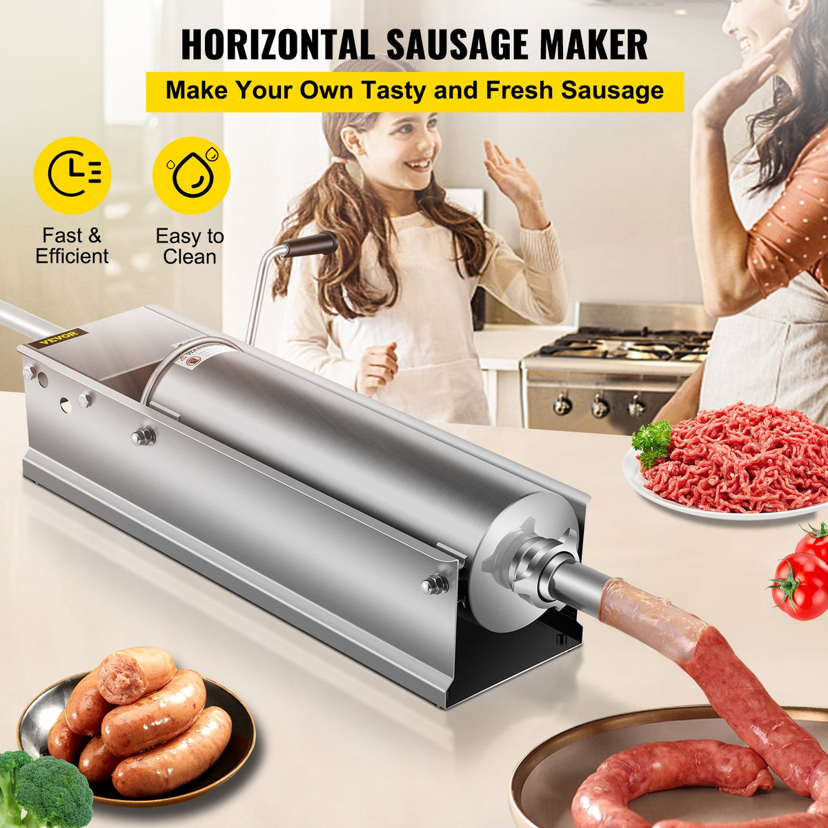 Manual Sausage Stuffer 7L/15lbs, Horizontal Dual-Speed Meat Stuffer with 5 Tubes