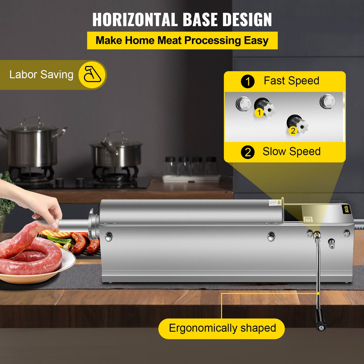 Manual Sausage Stuffer 7L/15lbs, Horizontal Dual-Speed Meat Stuffer with 5 Tubes