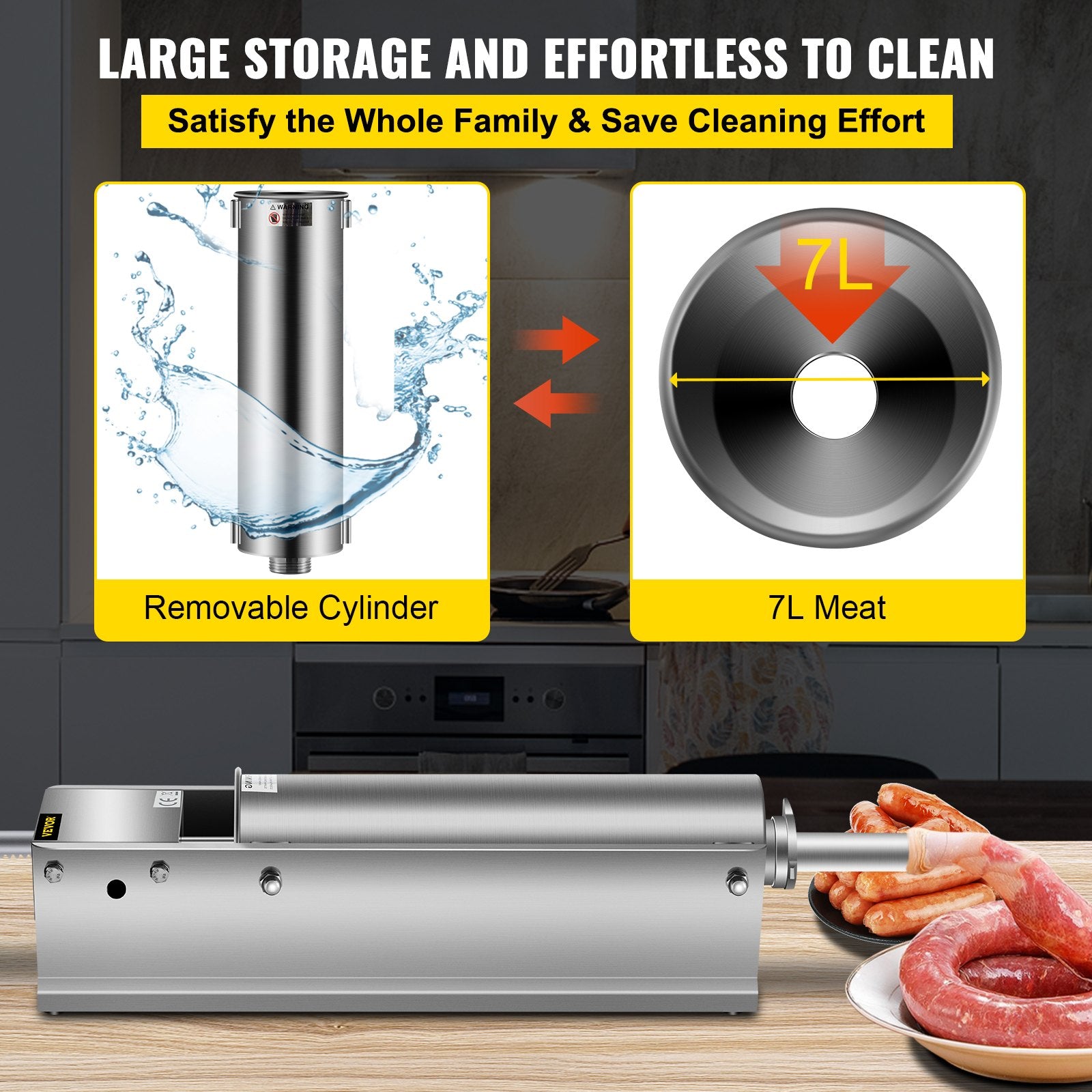 Manual Sausage Stuffer 7L/15lbs, Horizontal Dual-Speed Meat Stuffer with 5 Tubes