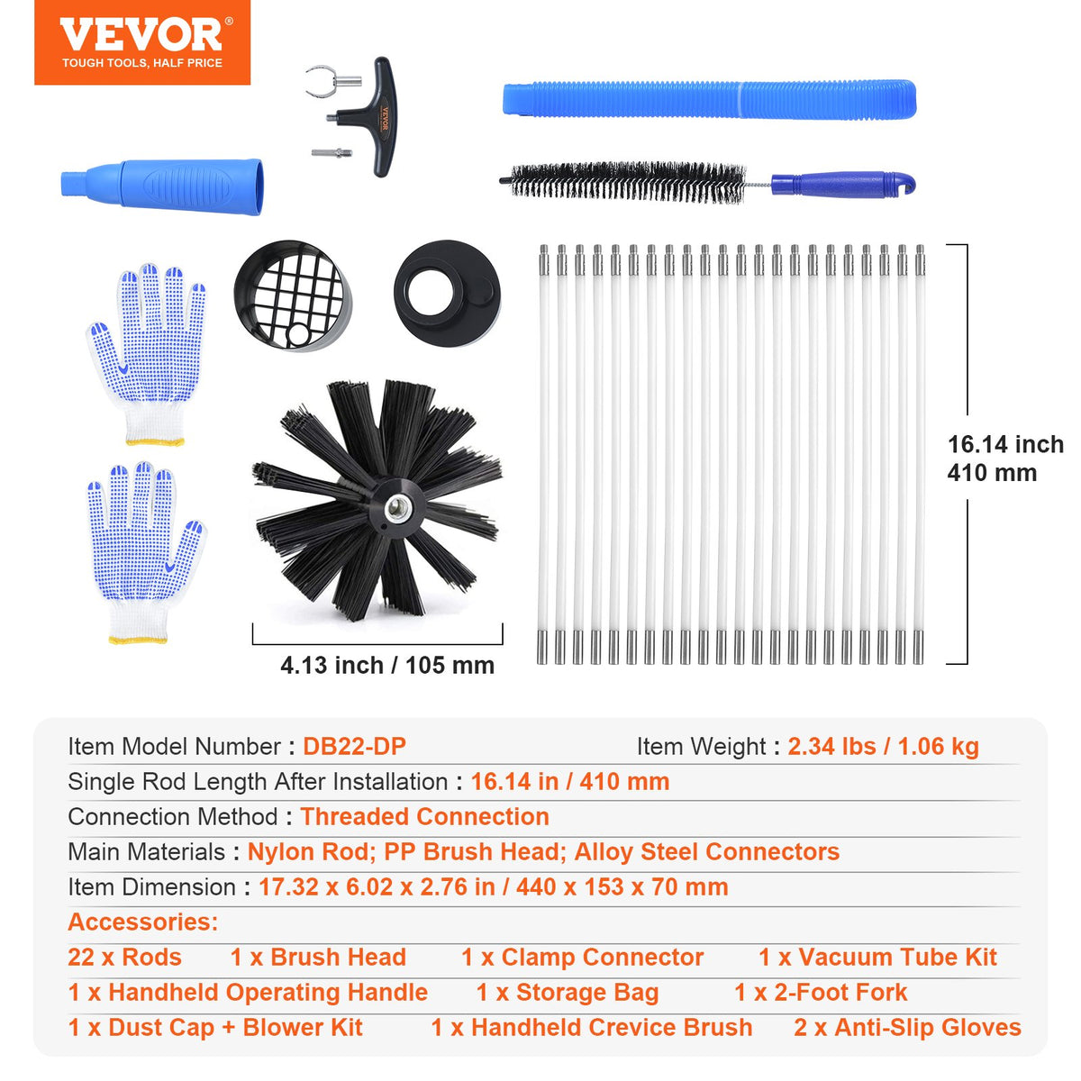 Dryer Vent Cleaner Kit 22-Piece Duct Lint Brush Set with Accessories 914.4cm