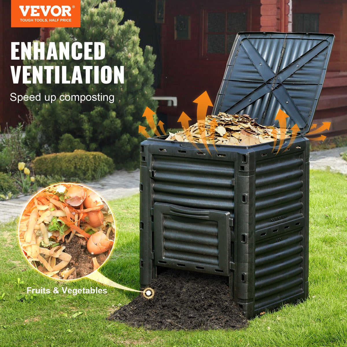 Garden Compost Bin 300L, BPA-Free Outdoor Composter with Top Lid & Bottom Door