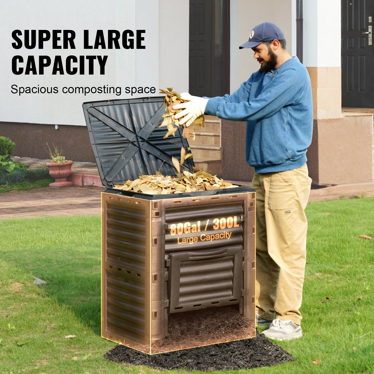 Garden Compost Bin 300L, BPA-Free Outdoor Composter with Top Lid & Bottom Door