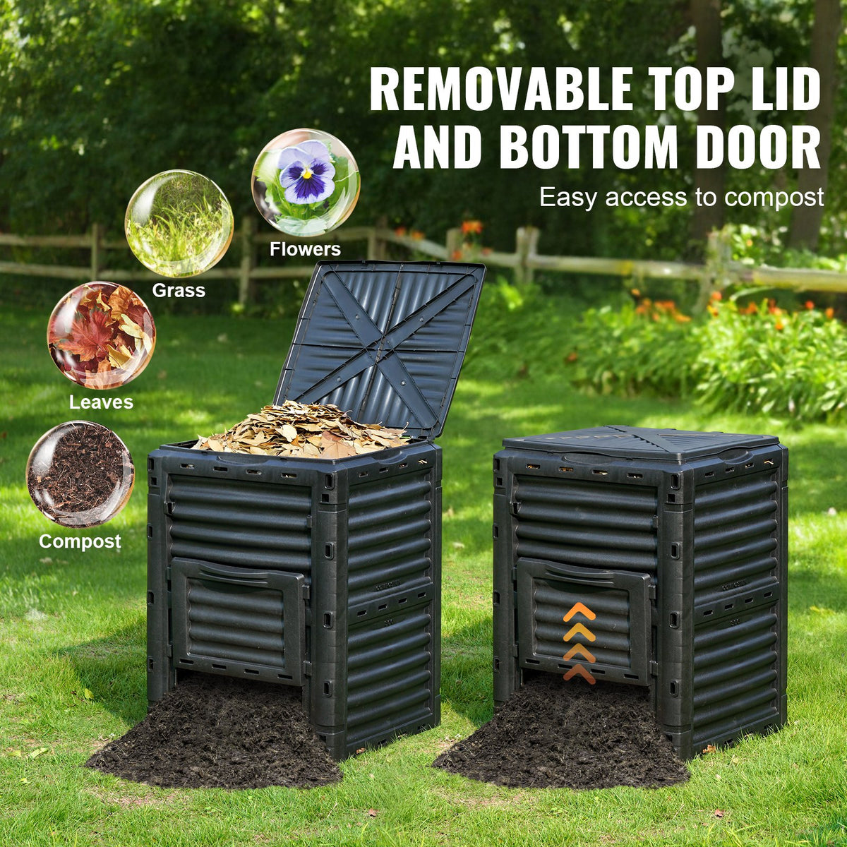 Garden Compost Bin 300L, BPA-Free Outdoor Composter with Top Lid & Bottom Door