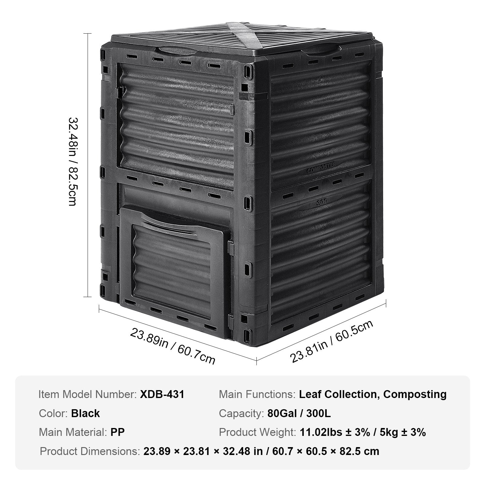 Garden Compost Bin 300L, BPA-Free Outdoor Composter with Top Lid & Bottom Door