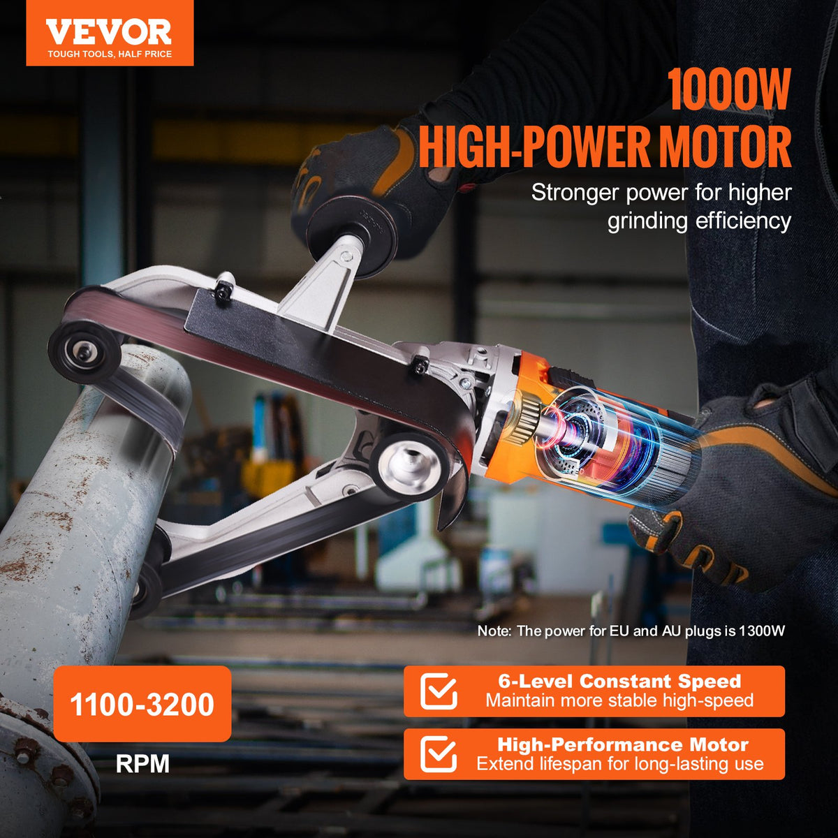 1300W Pipe Tube Polisher Sander with 6 Speeds 1100-3200 RPM Belt Grinder