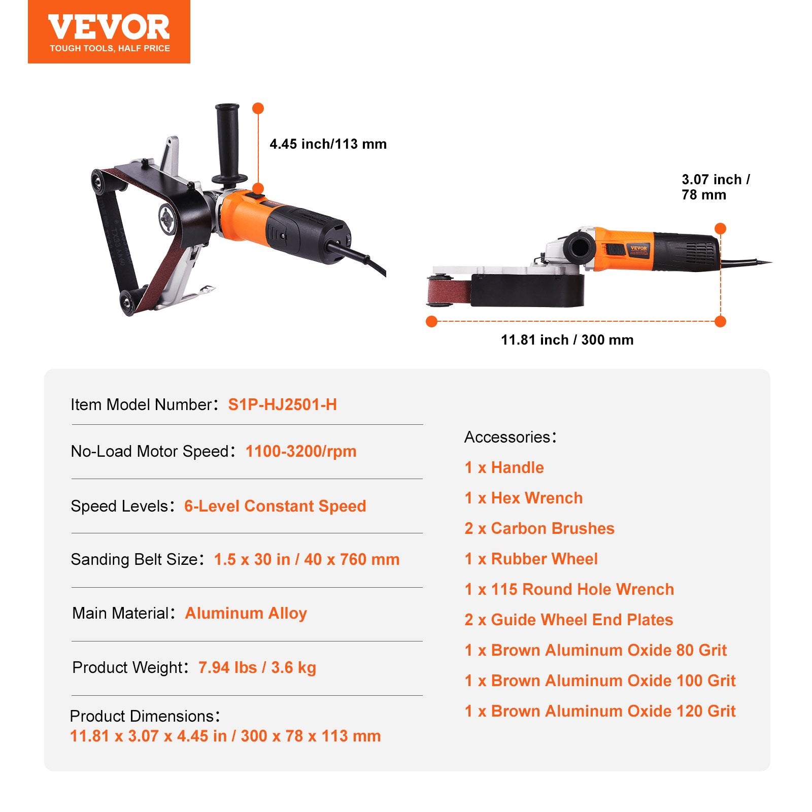 1300W Pipe Tube Polisher Sander with 6 Speeds 1100-3200 RPM Belt Grinder