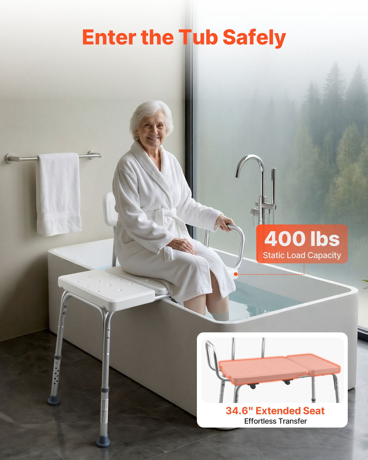 Tub Transfer Bench 180kg Shower Chair Adjustable Arm Backrest Bath Seat Elderly