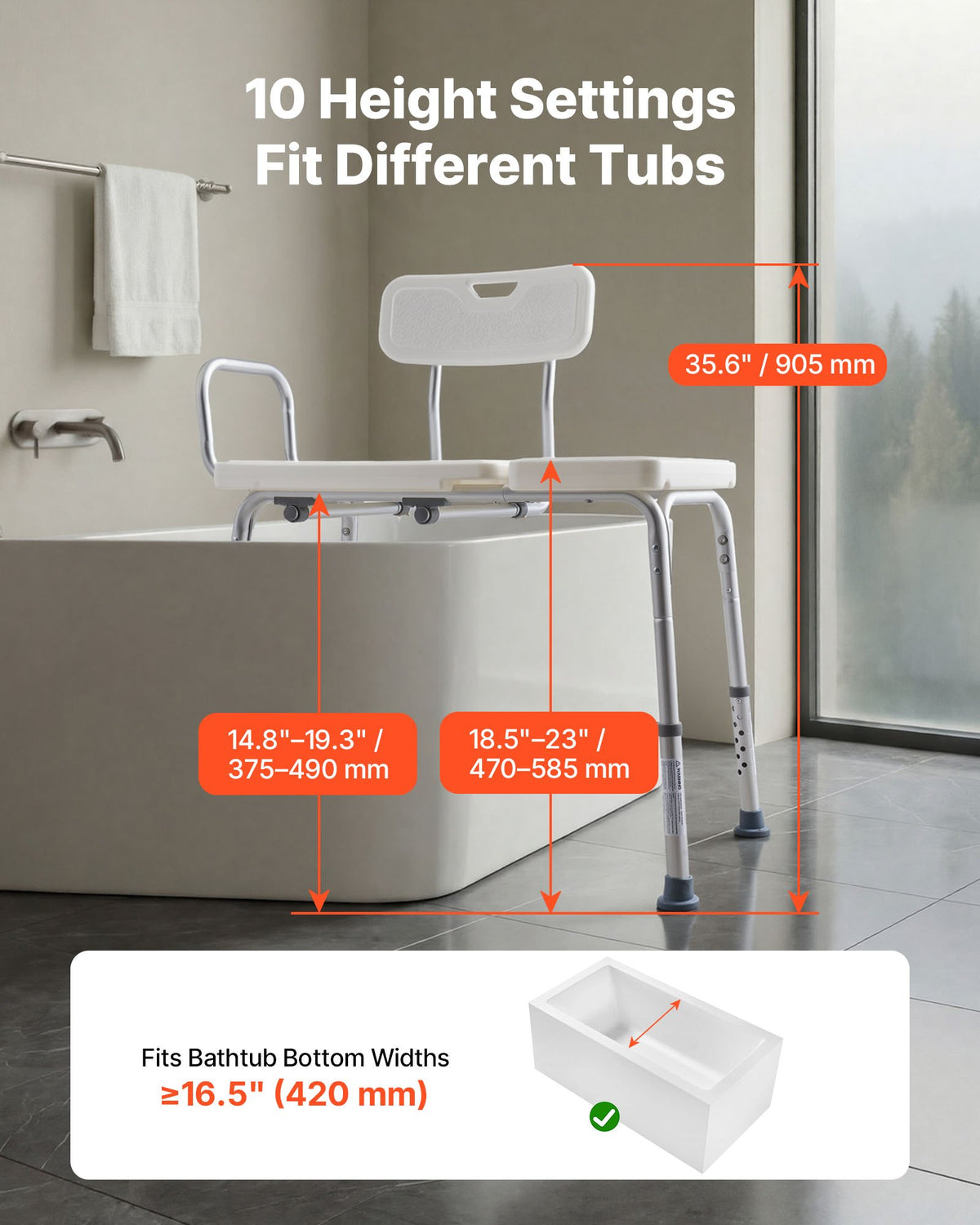 Tub Transfer Bench 180kg Shower Chair Adjustable Arm Backrest Bath Seat Elderly