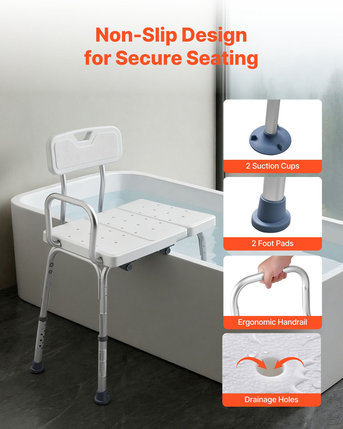 Tub Transfer Bench 180kg Shower Chair Adjustable Arm Backrest Bath Seat Elderly