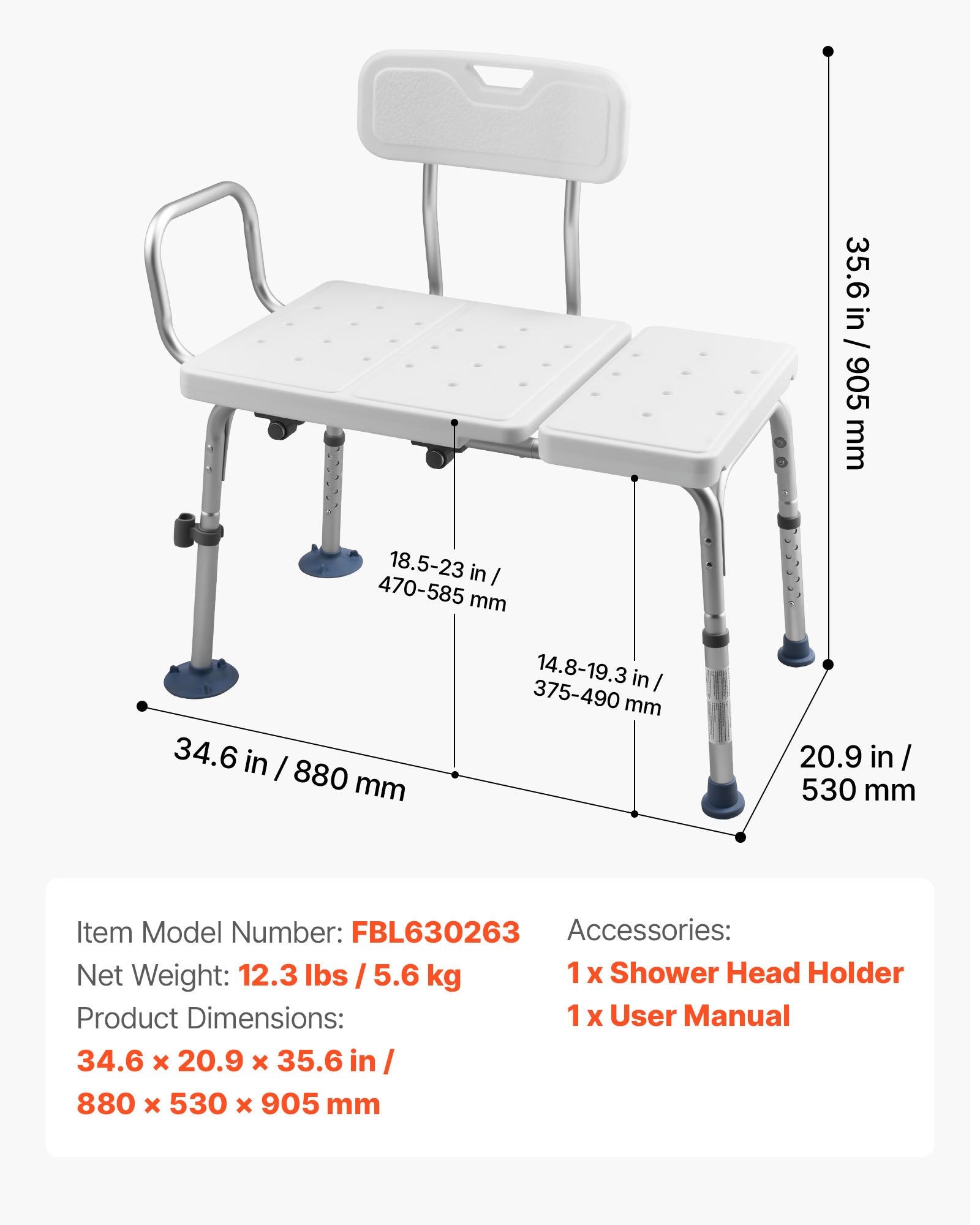 Tub Transfer Bench 180kg Shower Chair Adjustable Arm Backrest Bath Seat Elderly