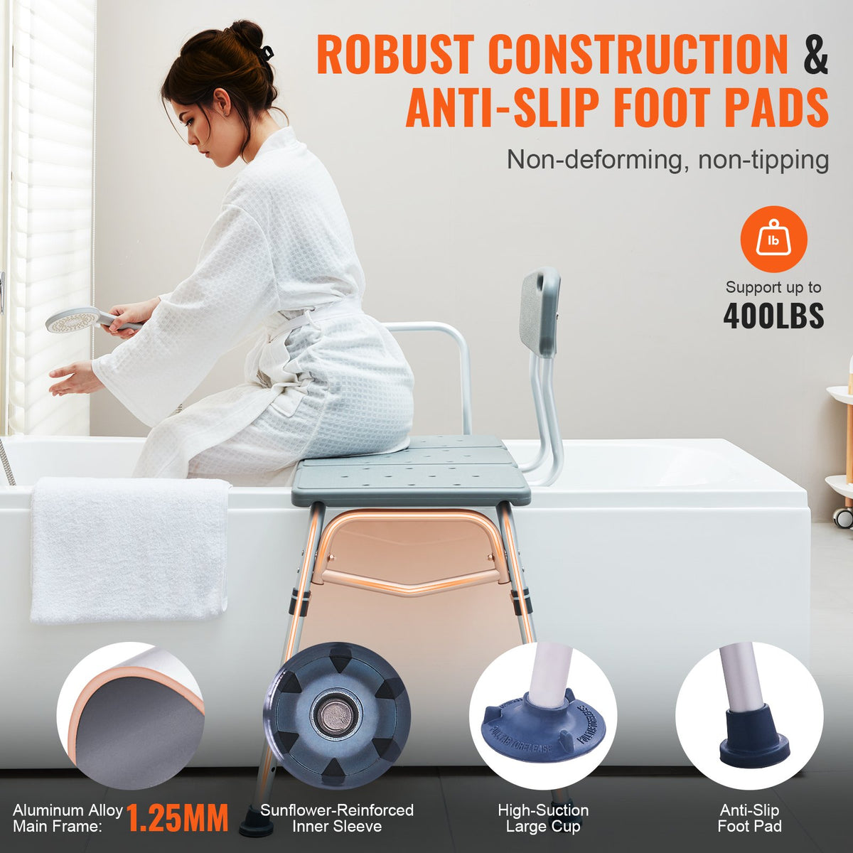 Tub Transfer Bench Adjustable Shower Seat with Armrest Non-Slip Bath Seat 400lbs