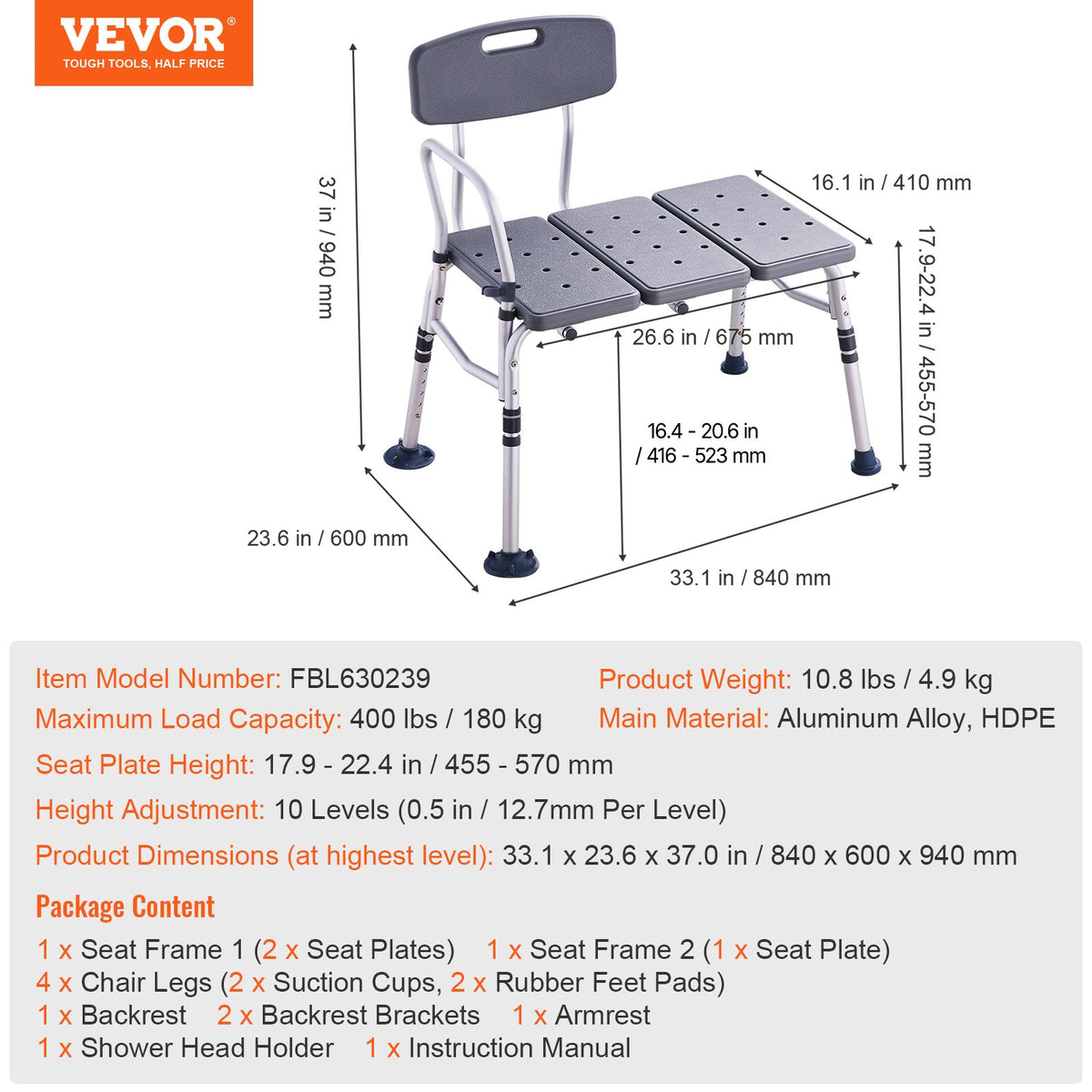Tub Transfer Bench Adjustable Shower Seat with Armrest Non-Slip Bath Seat 400lbs